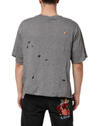 Dolce & Gabbana Gray Cotton Tattered Logo Patch Men T-shirt - Zeiniez