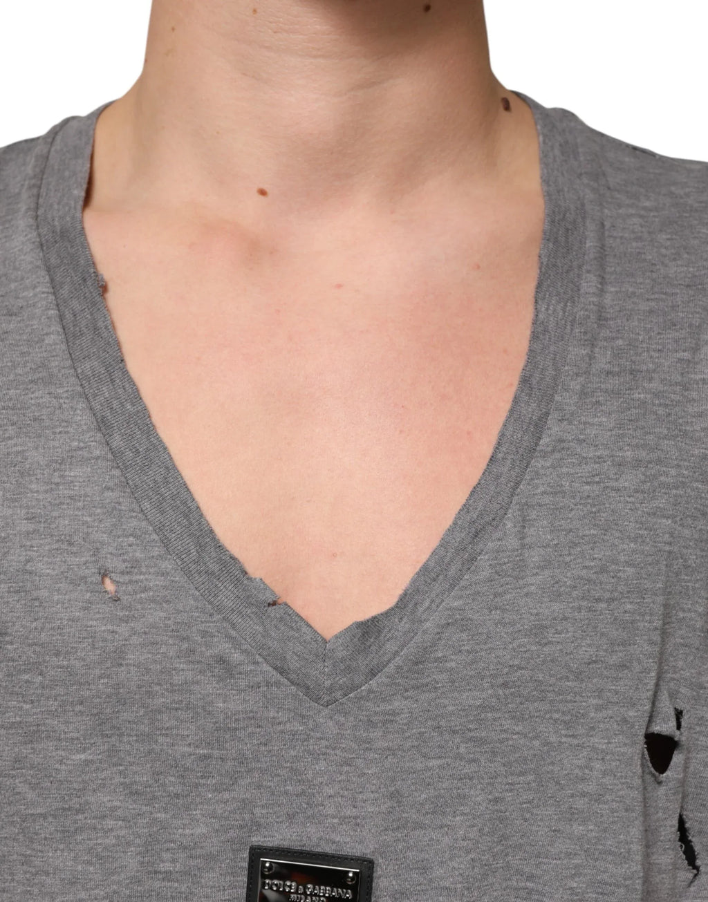 Dolce & Gabbana Gray Cotton Tattered Logo Patch Men T-shirt - Zeiniez