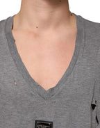 Dolce & Gabbana Gray Cotton Tattered Logo Patch Men T-shirt - Zeiniez