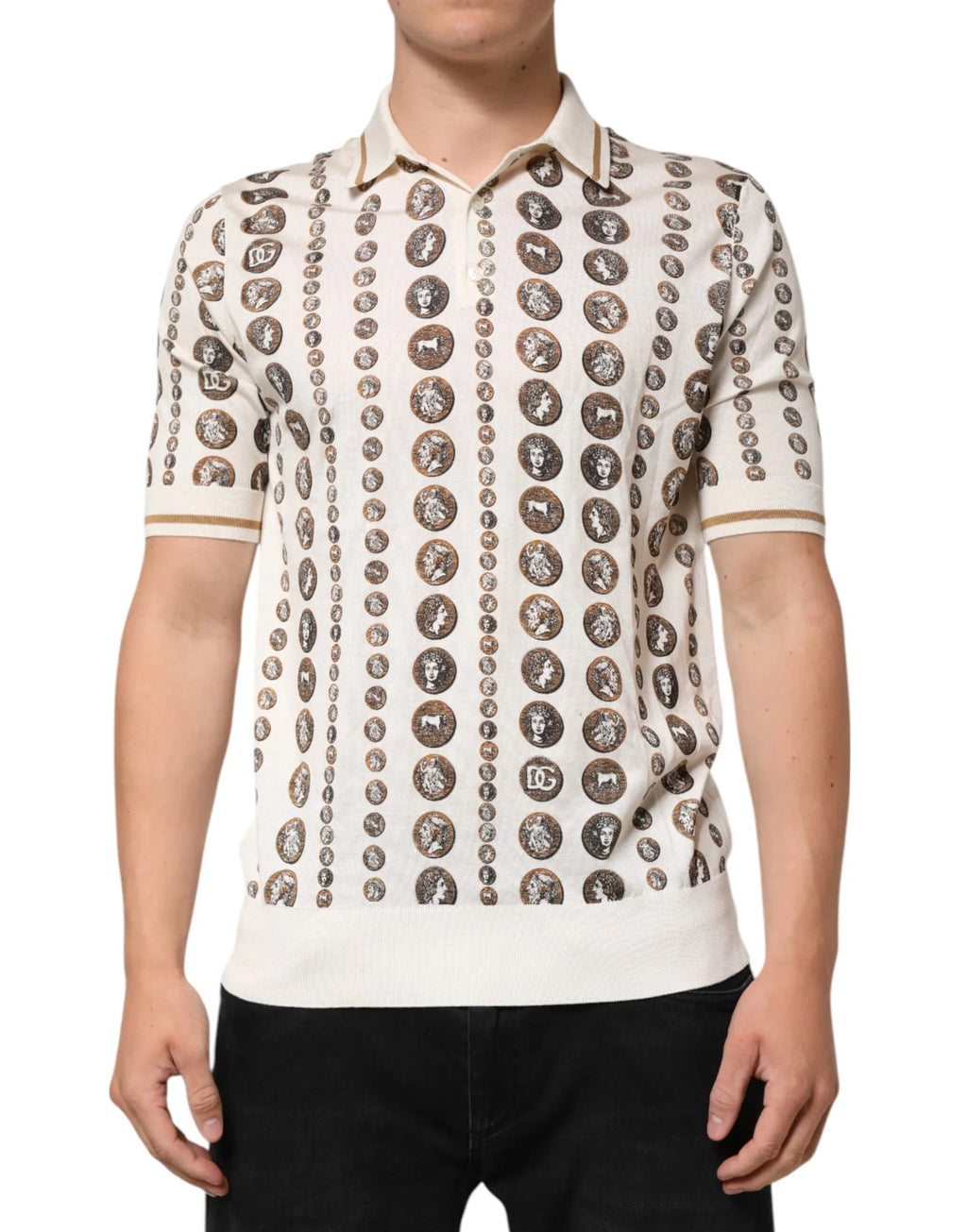 Dolce & Gabbana Silk Ivory Coin Print Logo Men Polo T-shirt - Zeiniez