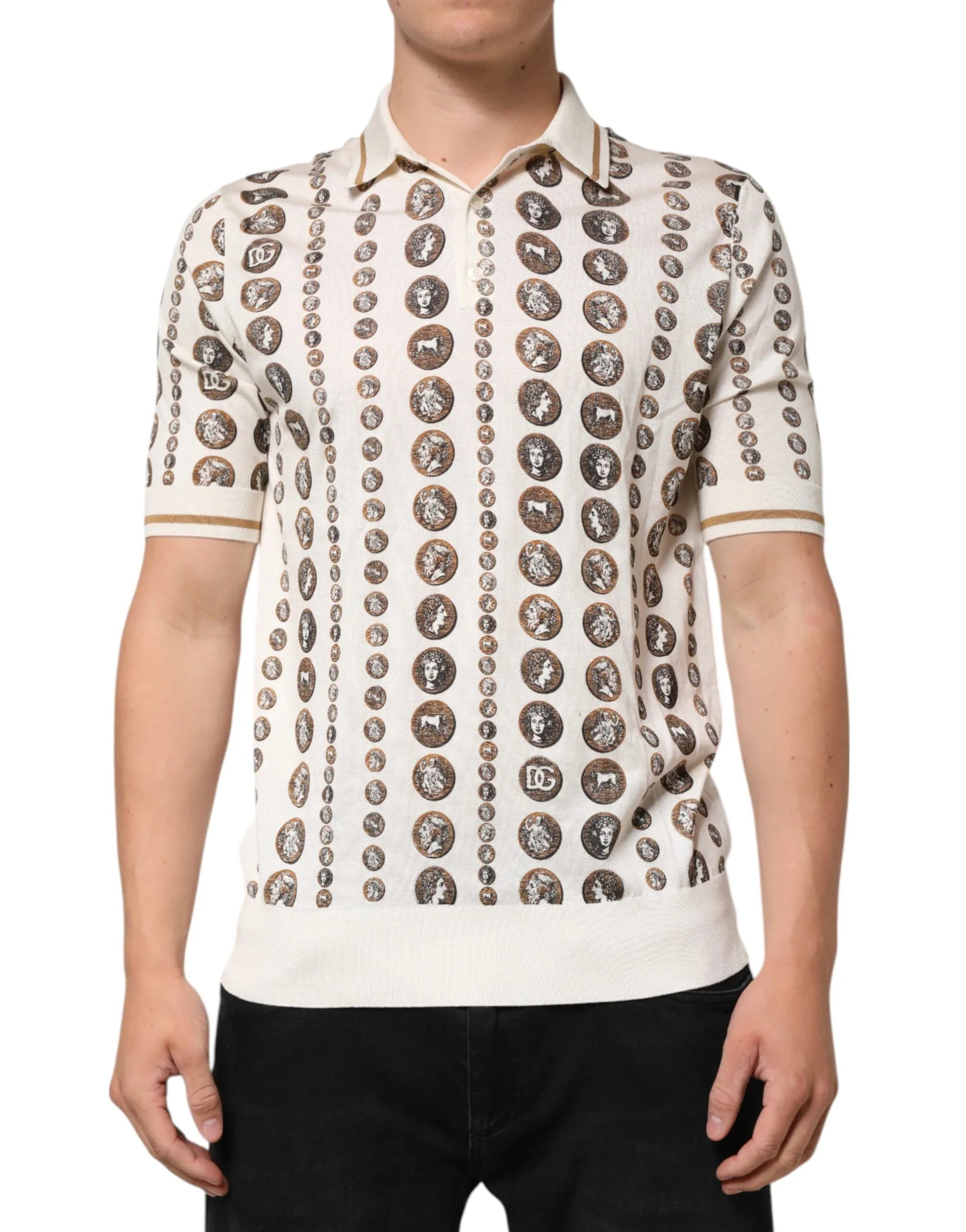 Dolce & Gabbana Silk Ivory Coin Print Logo Men Polo T-shirt - Zeiniez