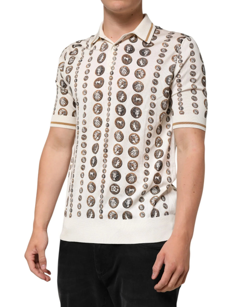 Dolce & Gabbana Silk Ivory Coin Print Logo Men Polo T-shirt - Zeiniez