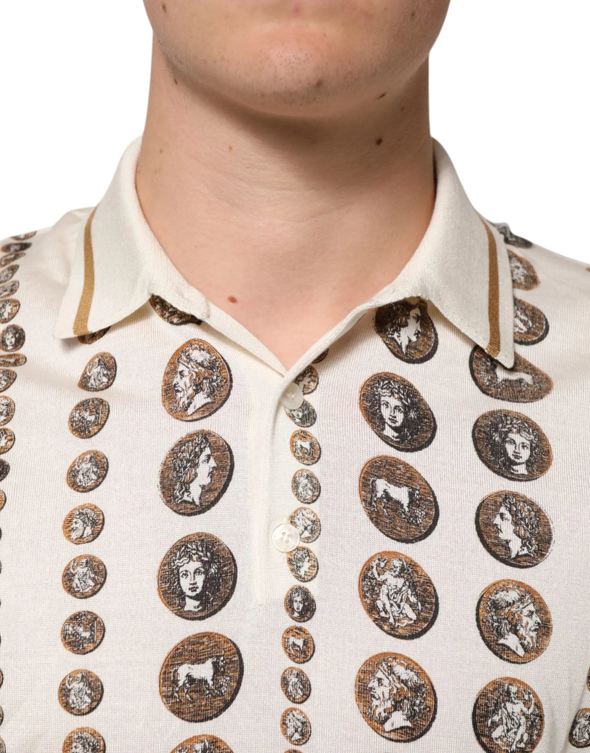 Dolce & Gabbana Silk Ivory Coin Print Logo Men Polo T-shirt - Zeiniez