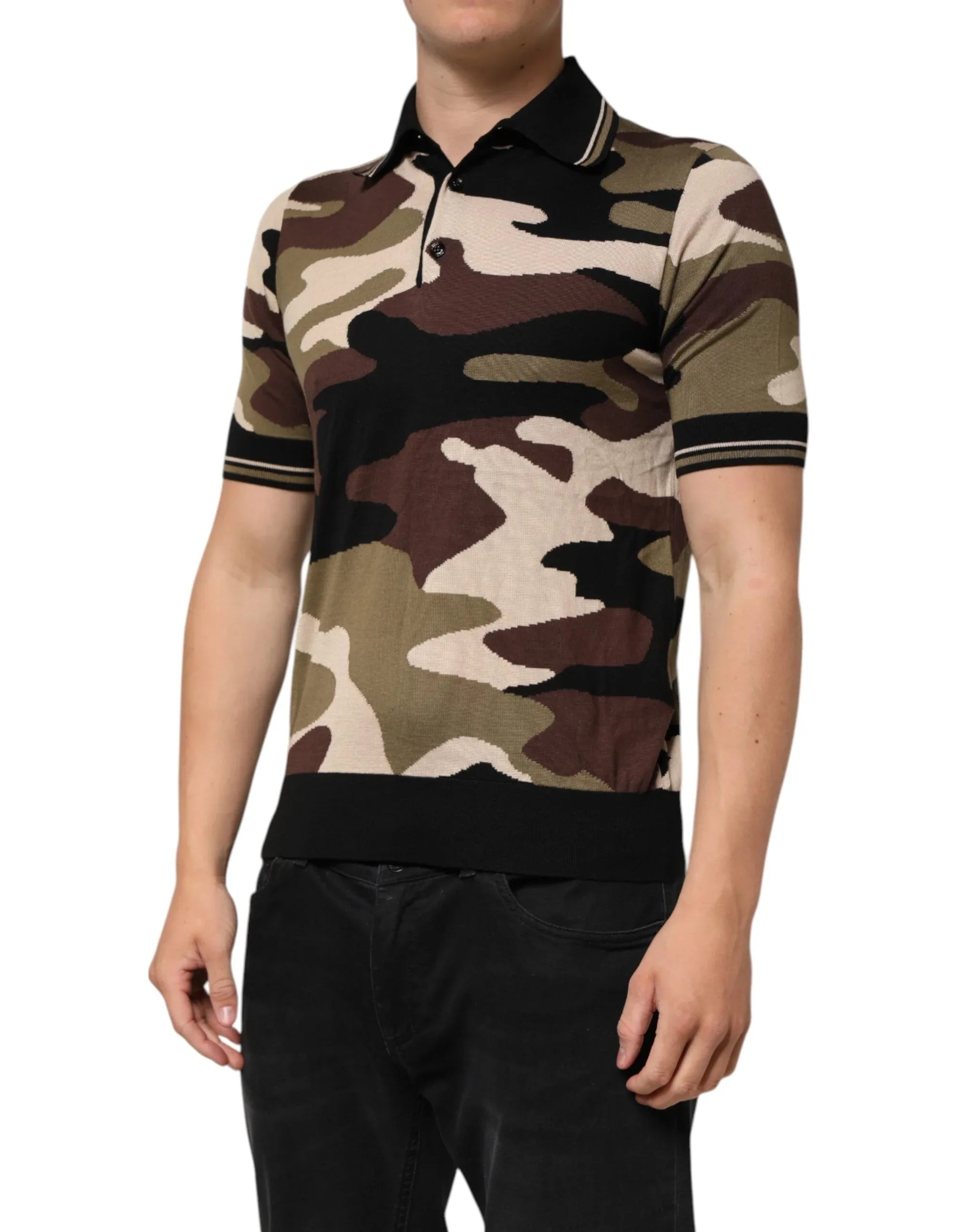 Dolce & Gabbana Camouflage Brown Silk MilitaryPolo T-shirt - Zeiniez