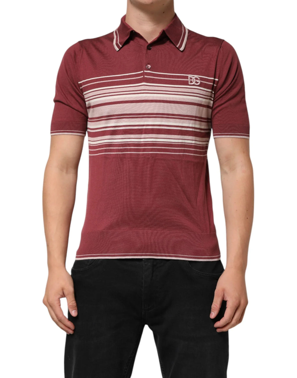 Dolce & Gabbana Cotton Burgundy Striped DG Logo Polo T-shirt - Zeiniez