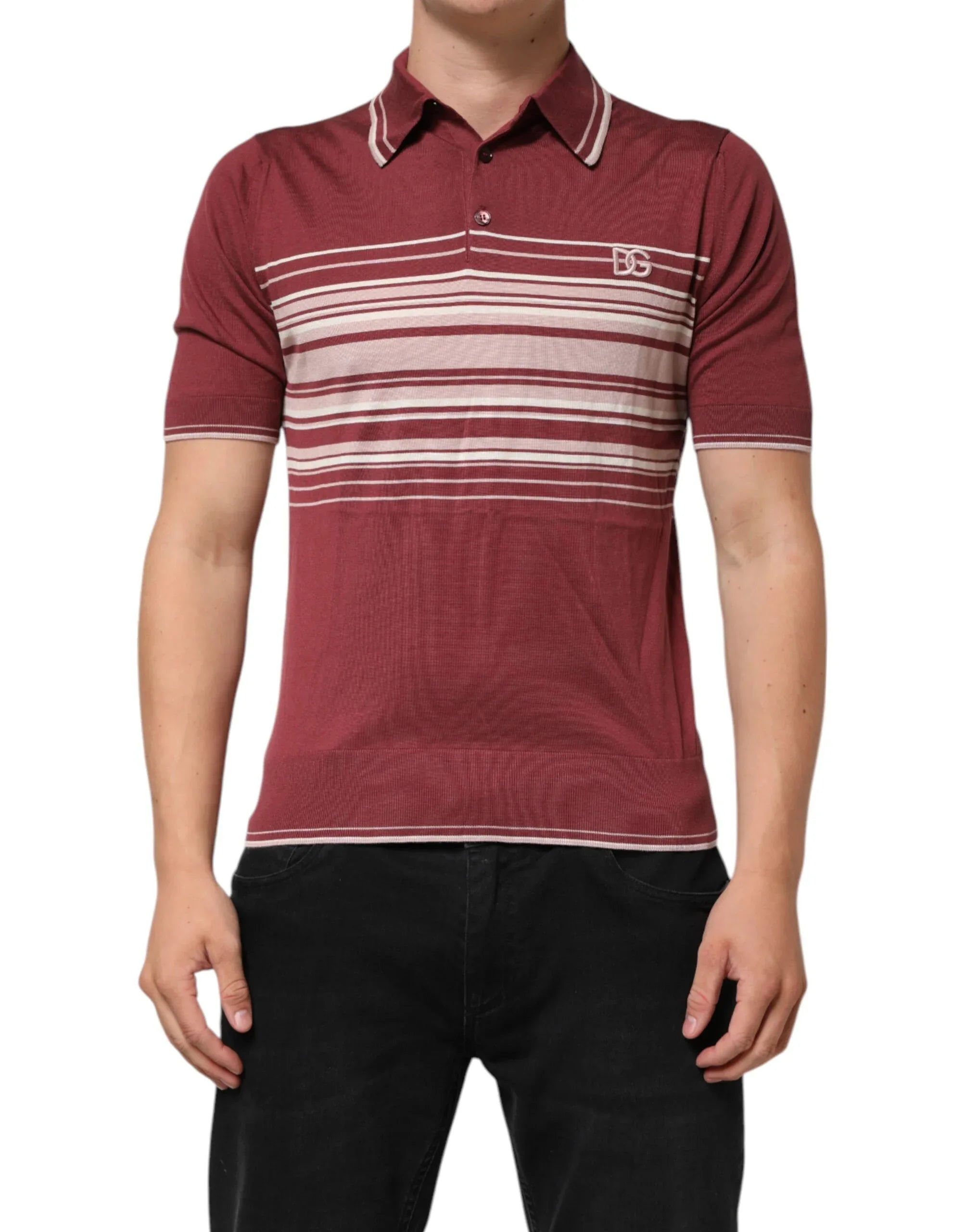 Dolce & Gabbana Cotton Burgundy Striped DG Logo Polo T-shirt - Zeiniez
