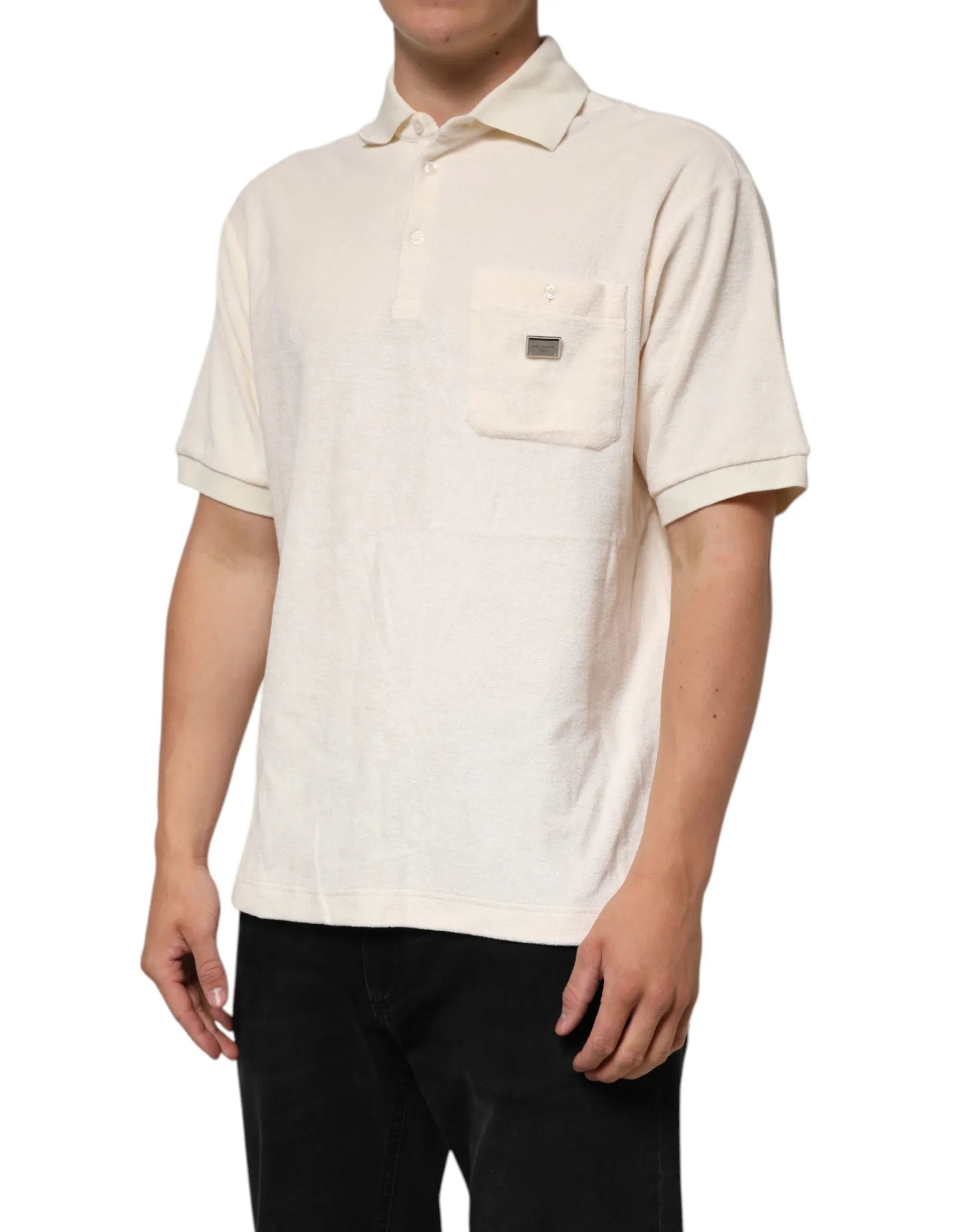 Dolce & Gabbana Ivory Cotton Terry Logo Pocket Polo T-shirt - Zeiniez