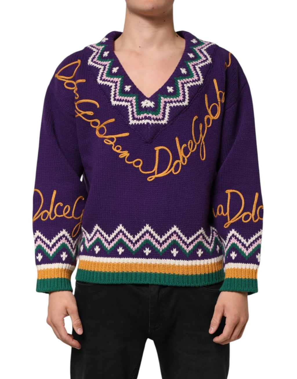 Dolce & Gabbana Purple Wool DG Logo Men Knit Pullover Sweater - Zeiniez