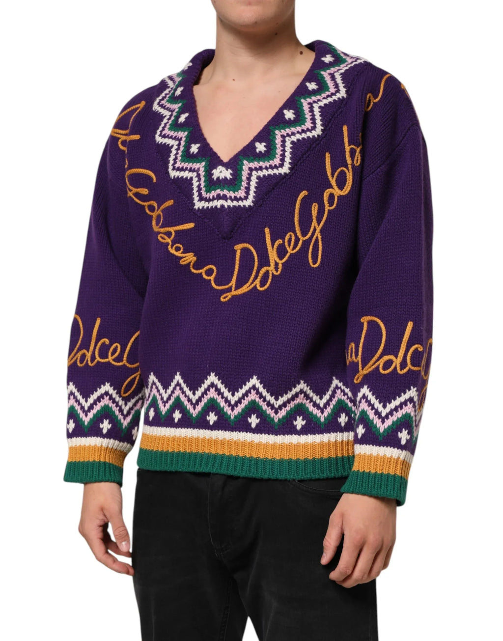 Dolce & Gabbana Purple Wool DG Logo Men Knit Pullover Sweater - Zeiniez
