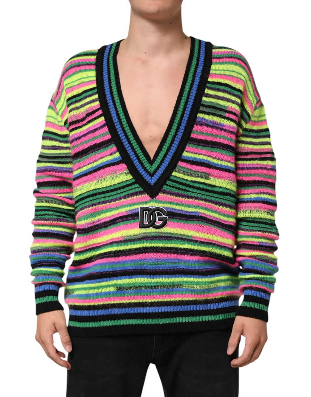 Dolce & Gabbana Multicolor DG Logo V-Neck Knit Pullover Sweater - Zeiniez