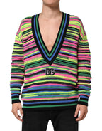 Dolce & Gabbana Multicolor DG Logo V-Neck Knit Pullover Sweater - Zeiniez