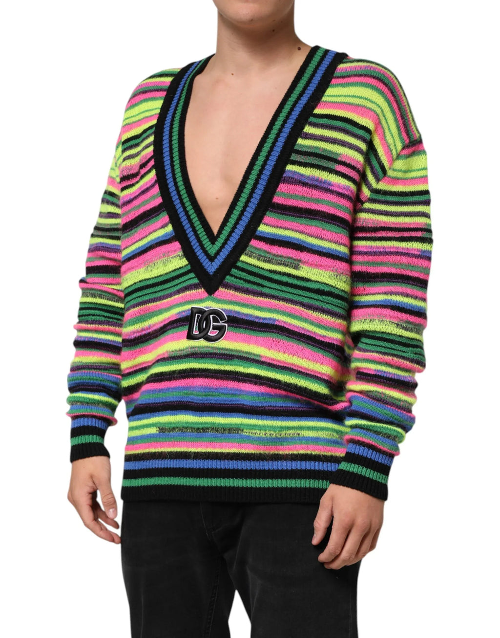 Dolce & Gabbana Multicolor DG Logo V-Neck Knit Pullover Sweater - Zeiniez