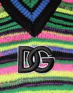 Dolce & Gabbana Multicolor DG Logo V-Neck Knit Pullover Sweater - Zeiniez