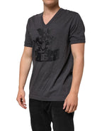 Dolce & Gabbana Black Charcoal DG Logo V-Neck Men T-shirt - Zeiniez