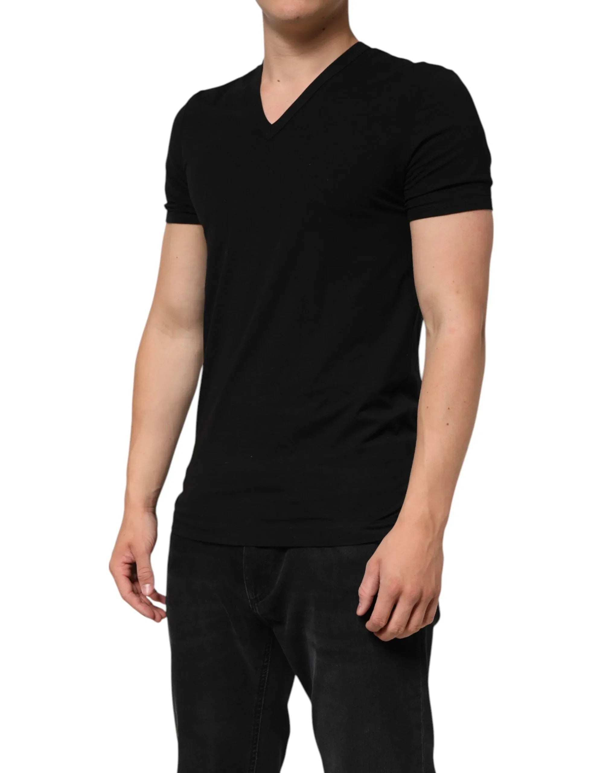 Dolce & Gabbana Black Cotton Slim Fit Men V-Neck Shirt T-shirt - Zeiniez