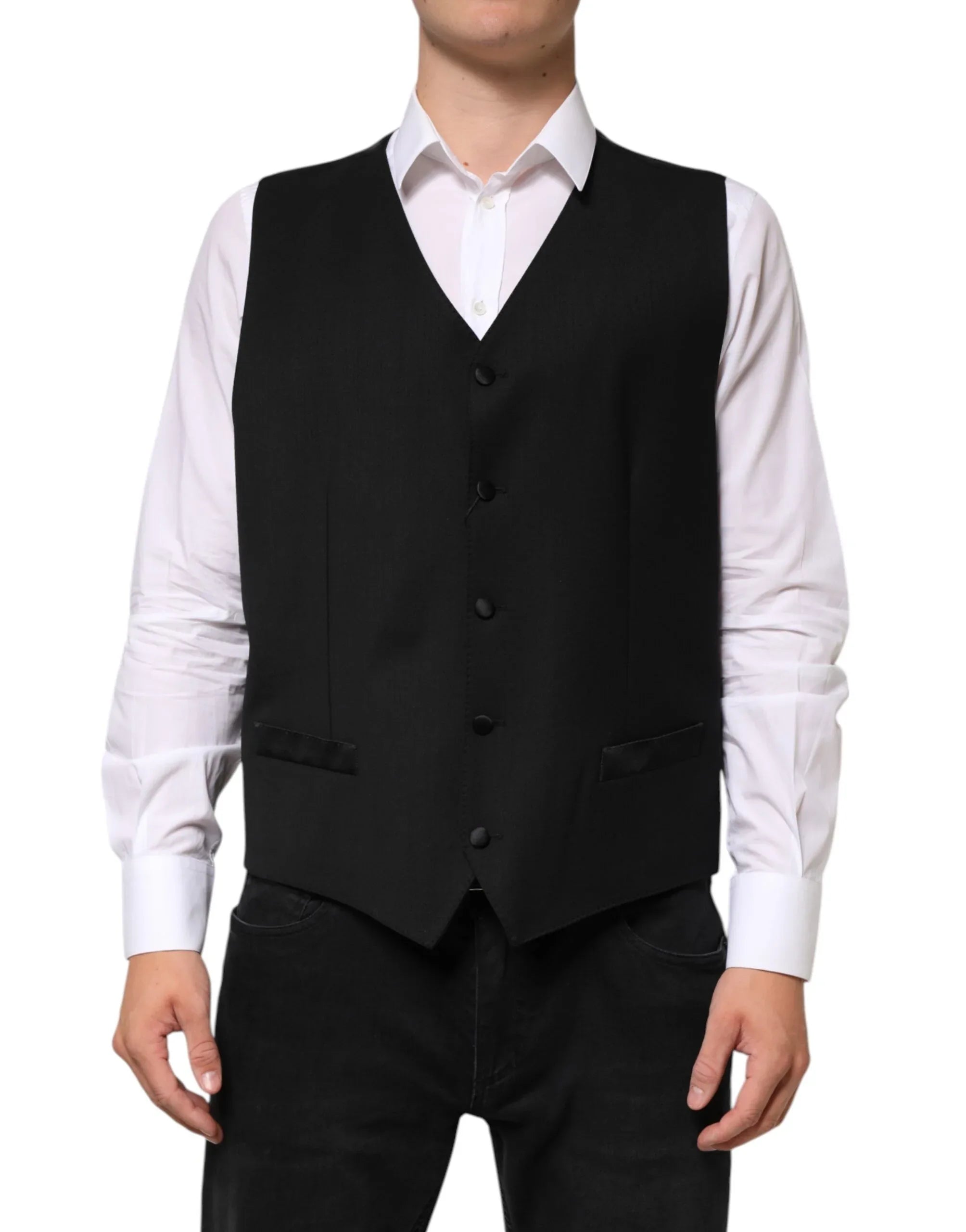 Dolce & Gabbana Black Wool Dress Formal Men Waistcoat Vest - Zeiniez