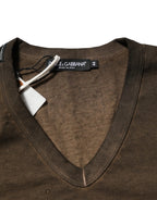 Dolce & Gabbana Dark Brown Cotton Tattered Logo Men T-shirt - Zeiniez