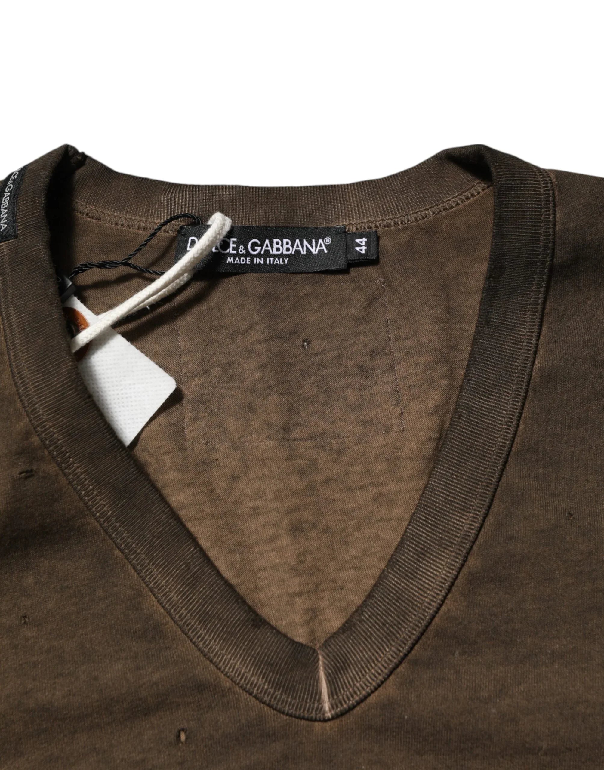 Dolce & Gabbana Dark Brown Cotton Tattered Logo Men T-shirt - Zeiniez