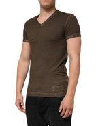 Dolce & Gabbana Dark Brown Cotton Tattered Logo Men T-shirt - Zeiniez