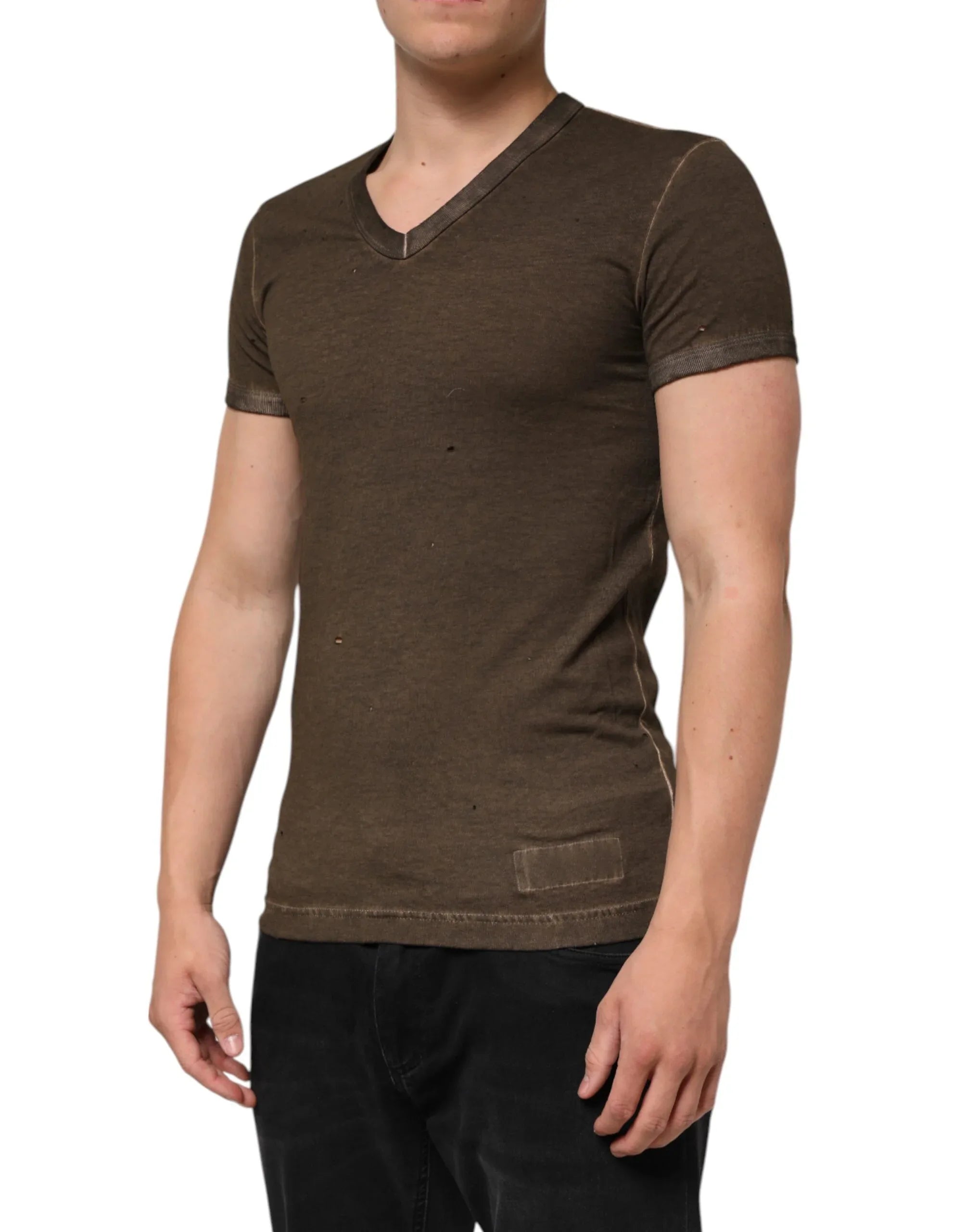 Dolce & Gabbana Dark Brown Cotton Tattered Logo Men T-shirt - Zeiniez