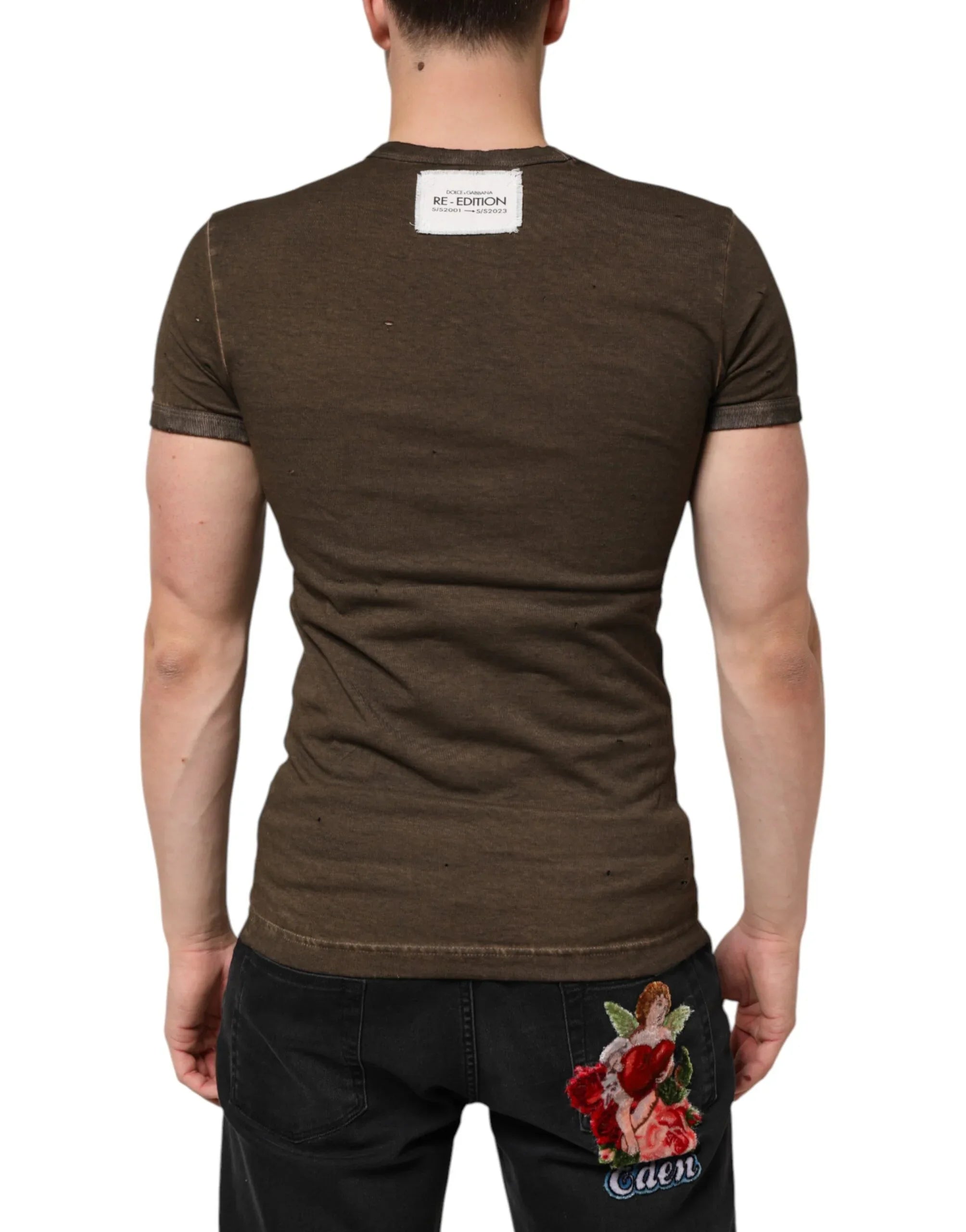 Dolce & Gabbana Dark Brown Cotton Tattered Logo Men T-shirt - Zeiniez
