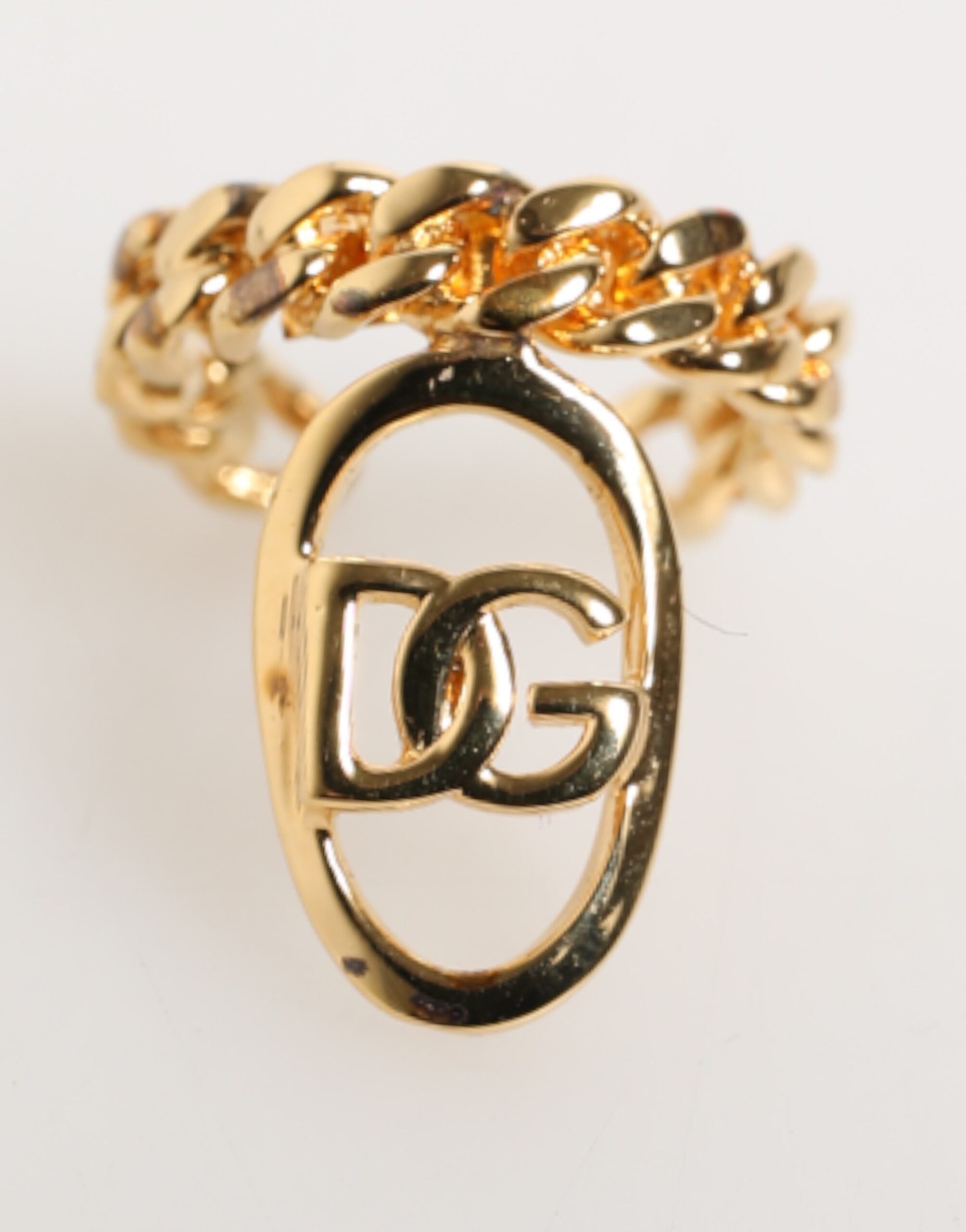 Dolce & Gabbana Gold Tone Brass Oval DG Logo Chain Adjustable Ring - Zeiniez