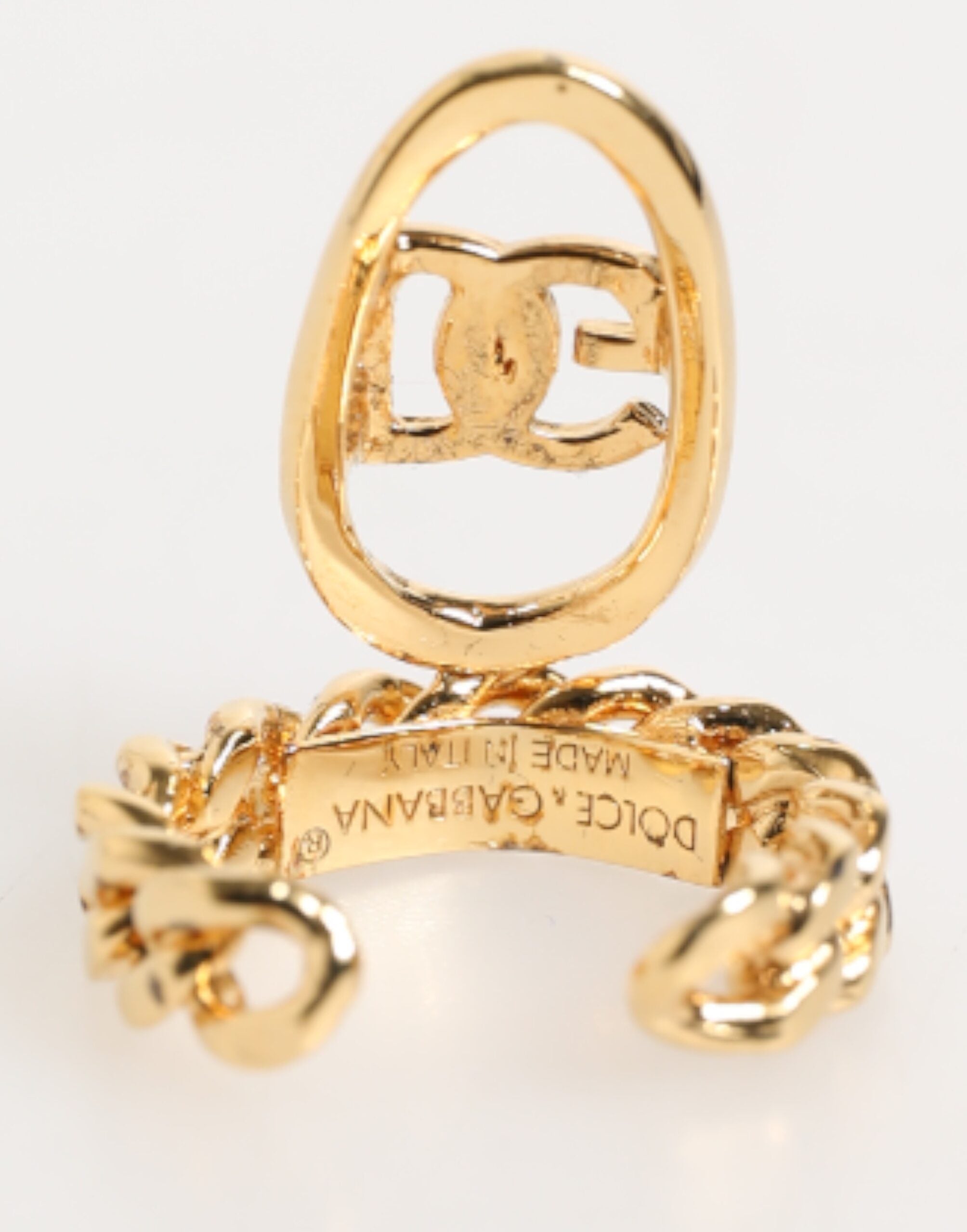 Dolce & Gabbana Gold Tone Brass Oval DG Logo Chain Adjustable Ring - Zeiniez