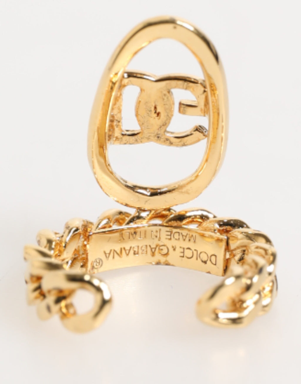 Dolce & Gabbana Gold Tone Brass Oval DG Logo Chain Adjustable Ring