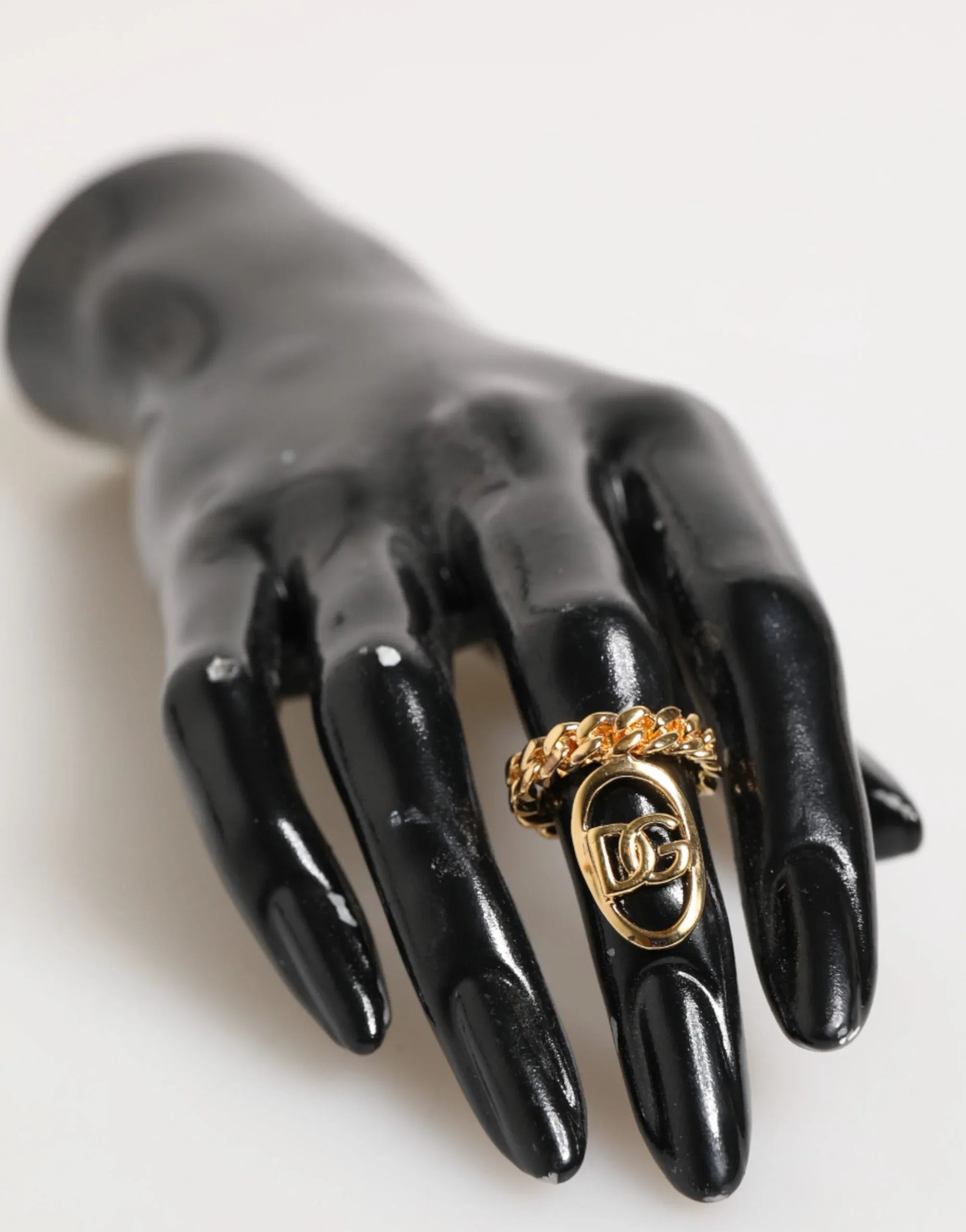 Dolce & Gabbana Gold Tone Brass Oval DG Logo Chain Adjustable Ring - Zeiniez