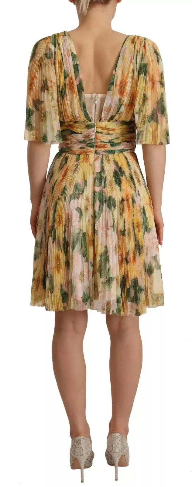 Dolce & Gabbana Yellow Floral Print Pleated Maxi Dress - Zeiniez