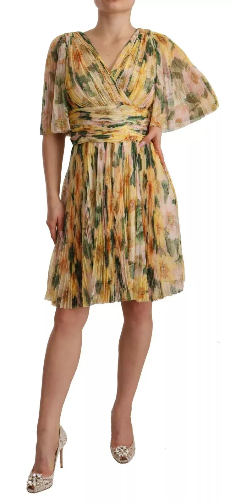Dolce & Gabbana Yellow Floral Print Pleated Maxi Dress - Zeiniez