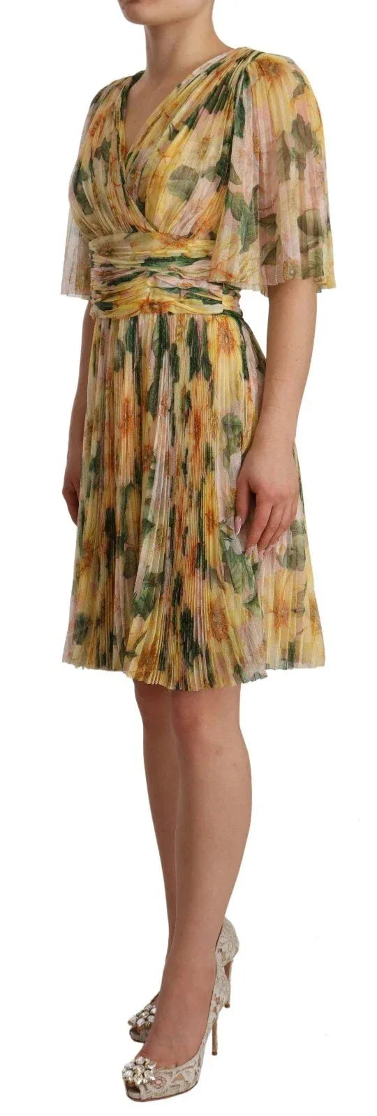 Dolce & Gabbana Yellow Floral Print Pleated Maxi Dress - Zeiniez