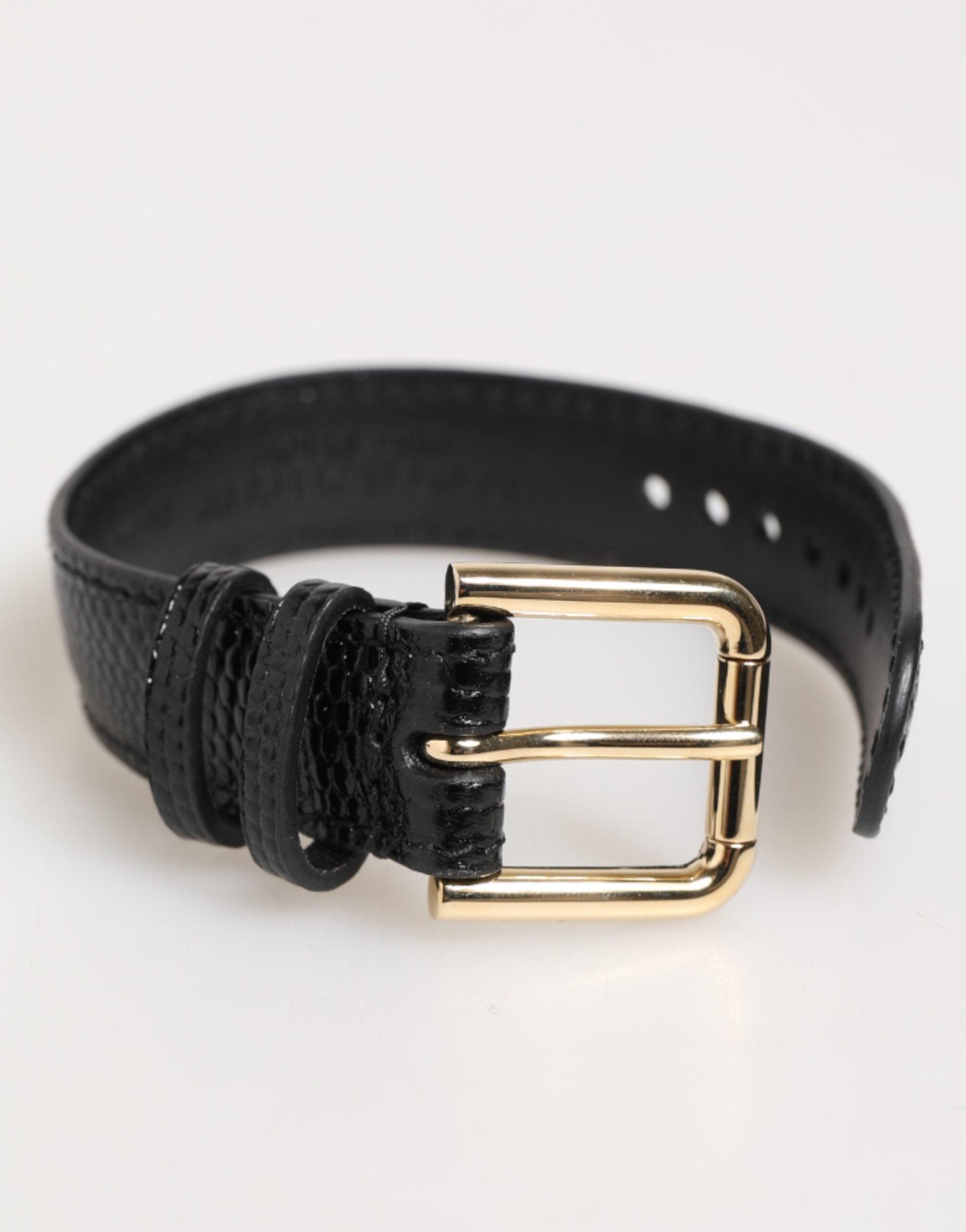 Dolce & Gabbana Black Embossed Leather Gold Buckle Belt Strap Bracelet - Zeiniez