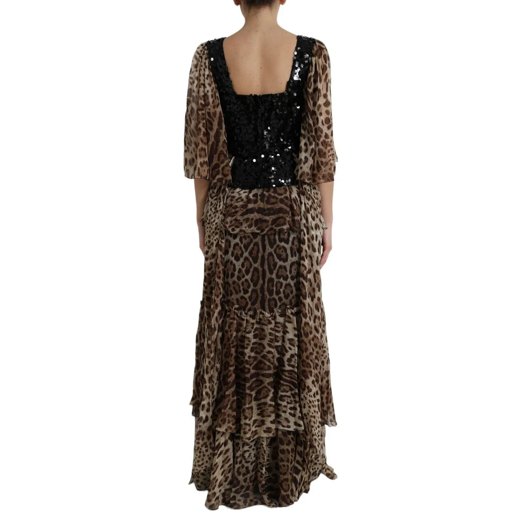 Dolce & Gabbana Leopard Print Silk Sequin Ruffle Maxi Dress - Zeiniez