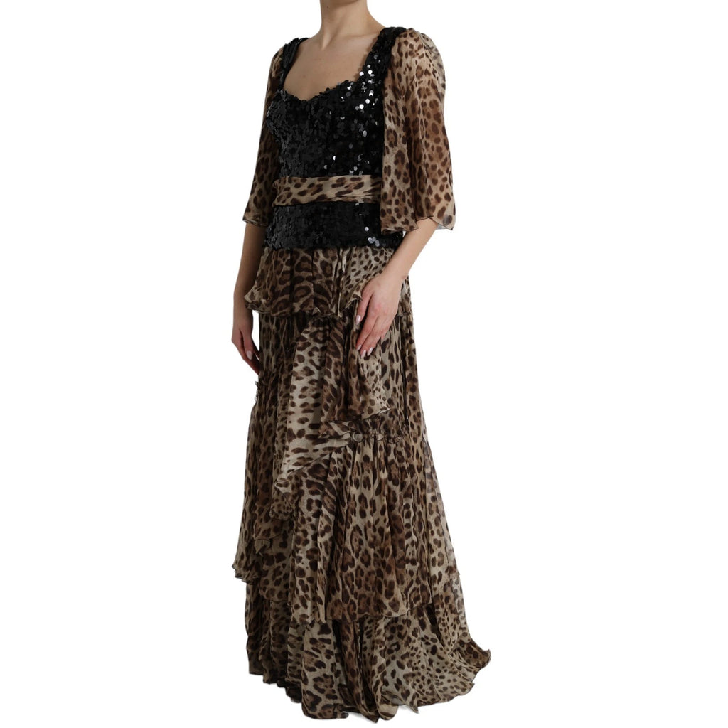 Dolce & Gabbana Leopard Print Silk Sequin Ruffle Maxi Dress