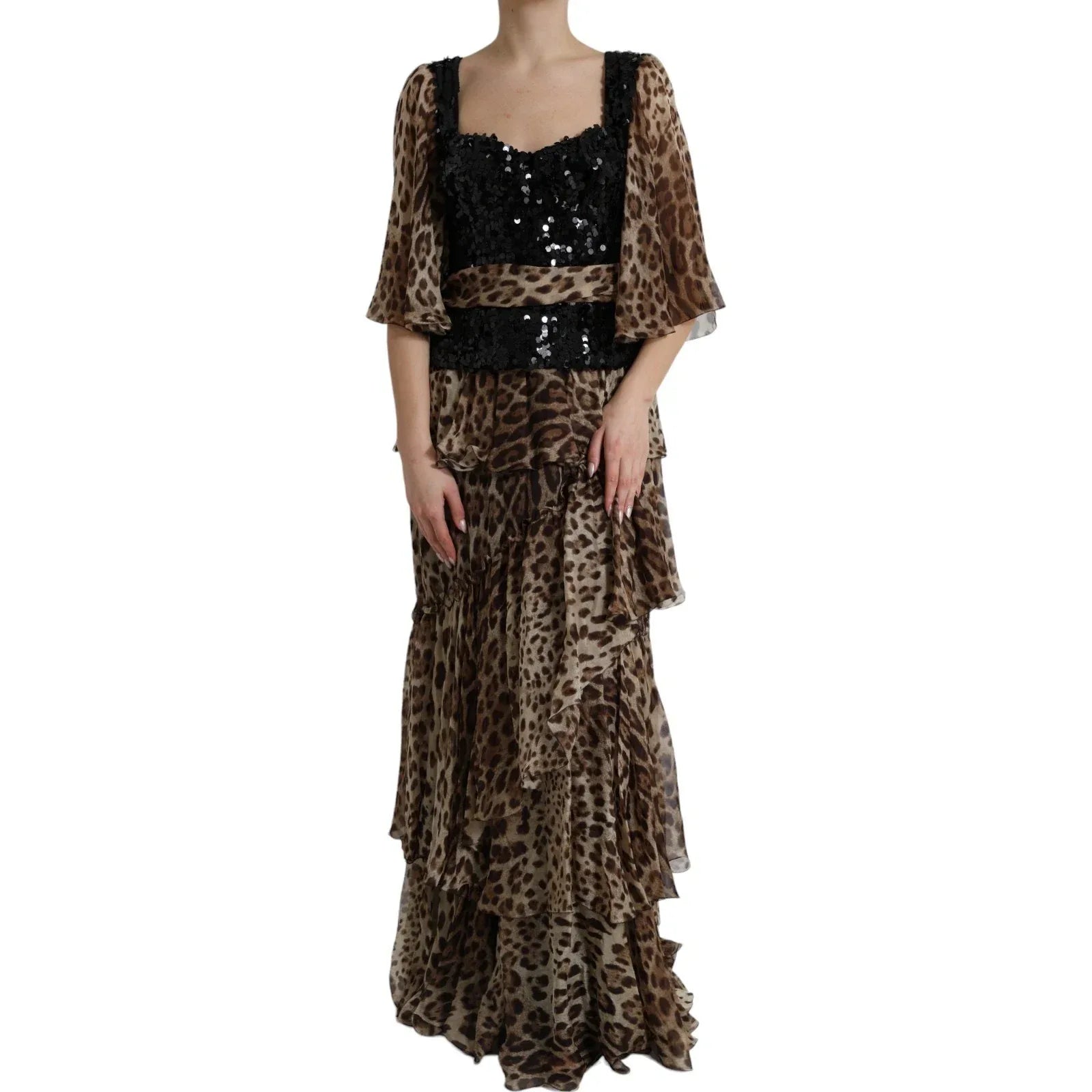 Dolce & Gabbana Leopard Print Silk Sequin Ruffle Maxi Dress - Zeiniez