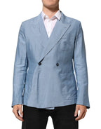 Dolce & Gabbana Light Blue Linen Double Breasted Men Jacket Blazer - Zeiniez