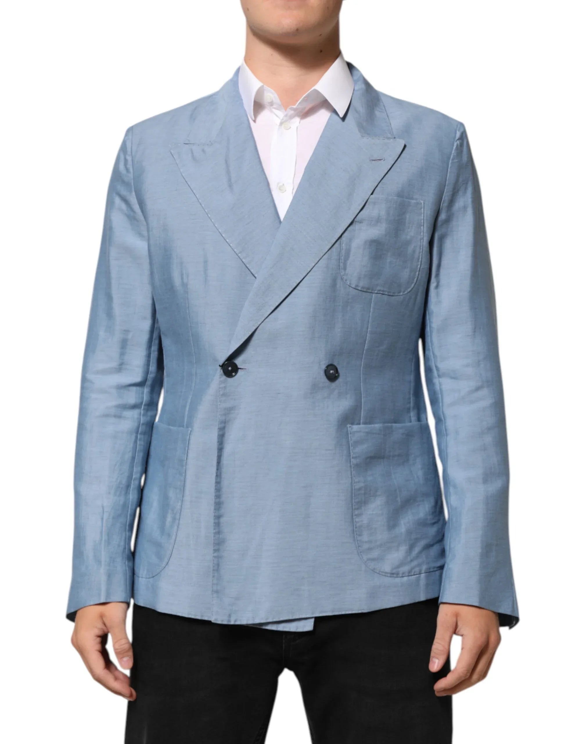 Dolce & Gabbana Light Blue Linen Double Breasted Men Jacket Blazer - Zeiniez