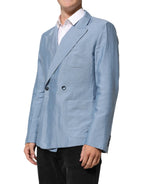 Dolce & Gabbana Light Blue Linen Double Breasted Men Jacket Blazer - Zeiniez