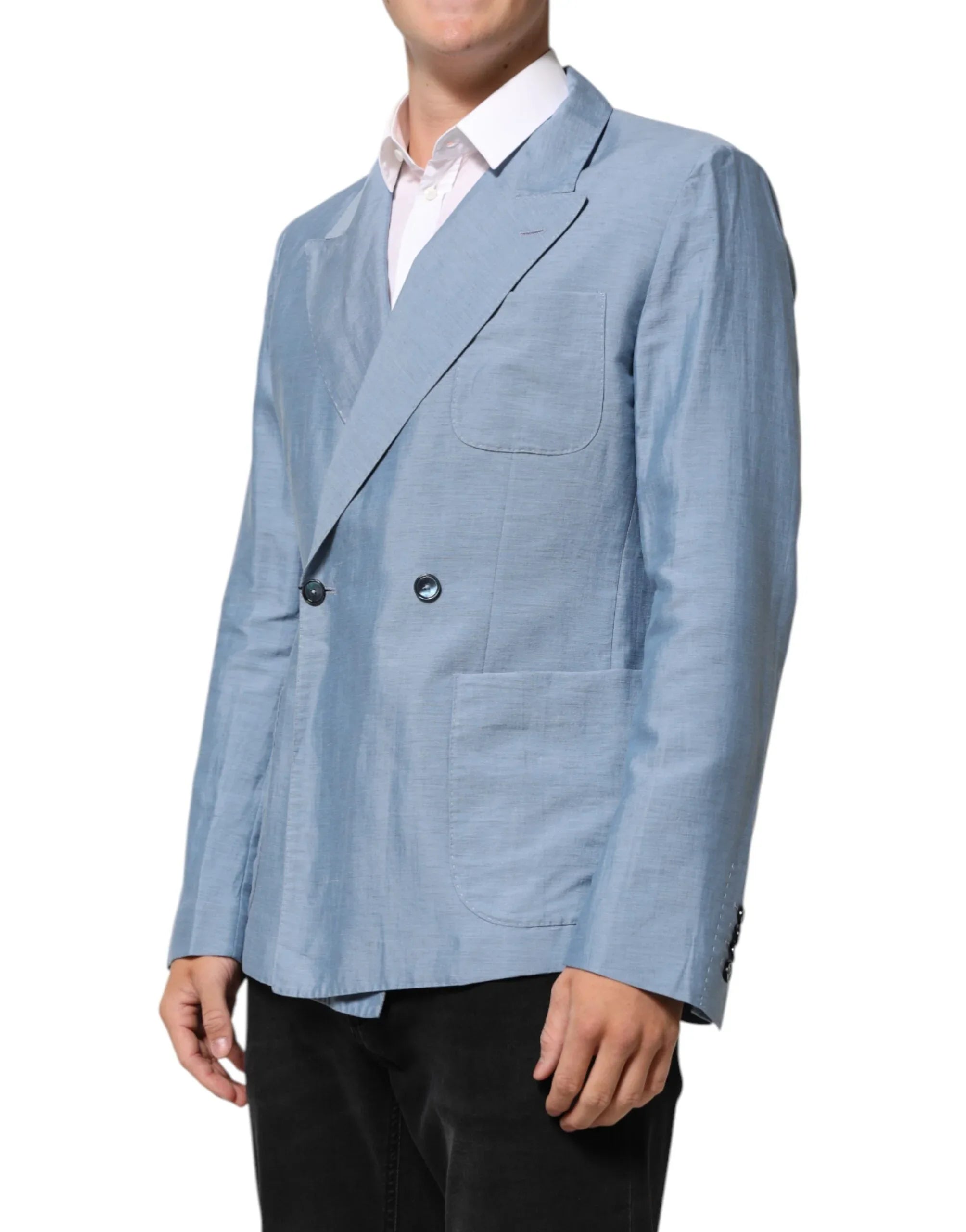 Dolce & Gabbana Light Blue Linen Double Breasted Men Jacket Blazer - Zeiniez