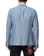 Dolce & Gabbana Light Blue Linen Double Breasted Men Jacket Blazer - Zeiniez