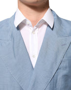 Dolce & Gabbana Light Blue Linen Double Breasted Men Jacket Blazer - Zeiniez