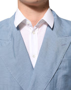 Dolce & Gabbana Light Blue Linen Double Breasted Men Jacket Blazer