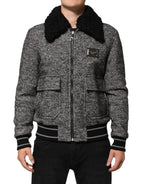 Dolce & Gabbana Gray Wool Herringbone Shearling Collar Bomber Jacket - Zeiniez