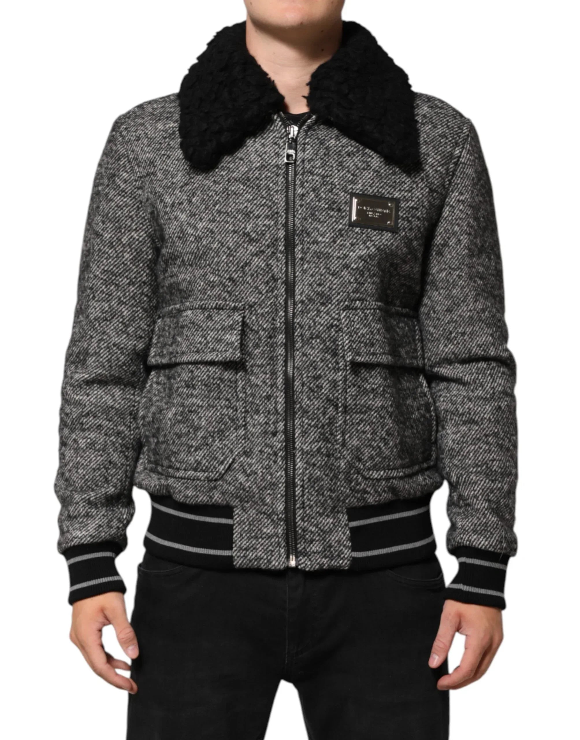 Dolce & Gabbana Gray Wool Herringbone Shearling Collar Bomber Jacket - Zeiniez