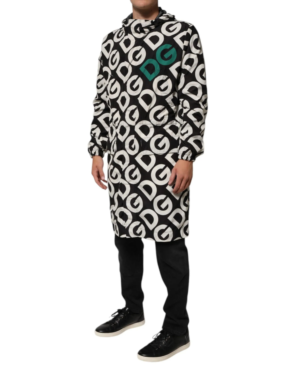 Dolce & Gabbana Black White Logo Print Hooded Coat Men Jacket - Zeiniez