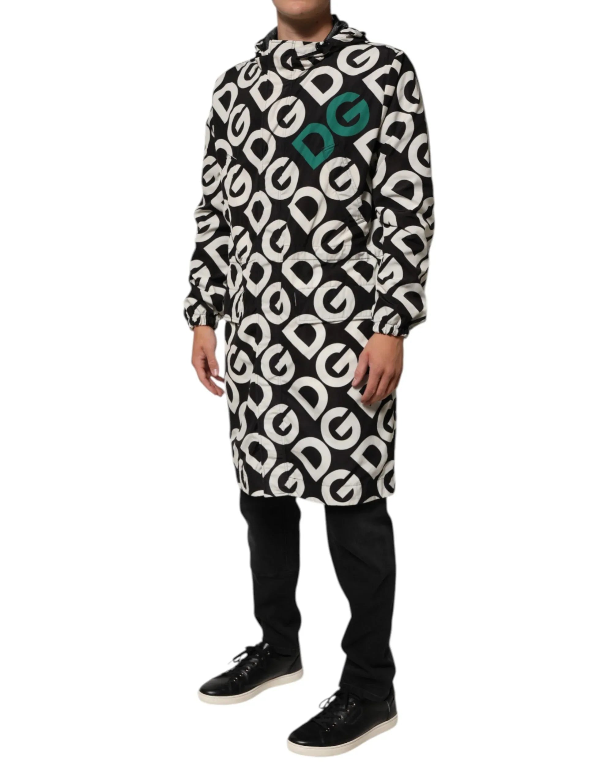 Dolce & Gabbana Black White Logo Print Hooded Coat Men Jacket - Zeiniez