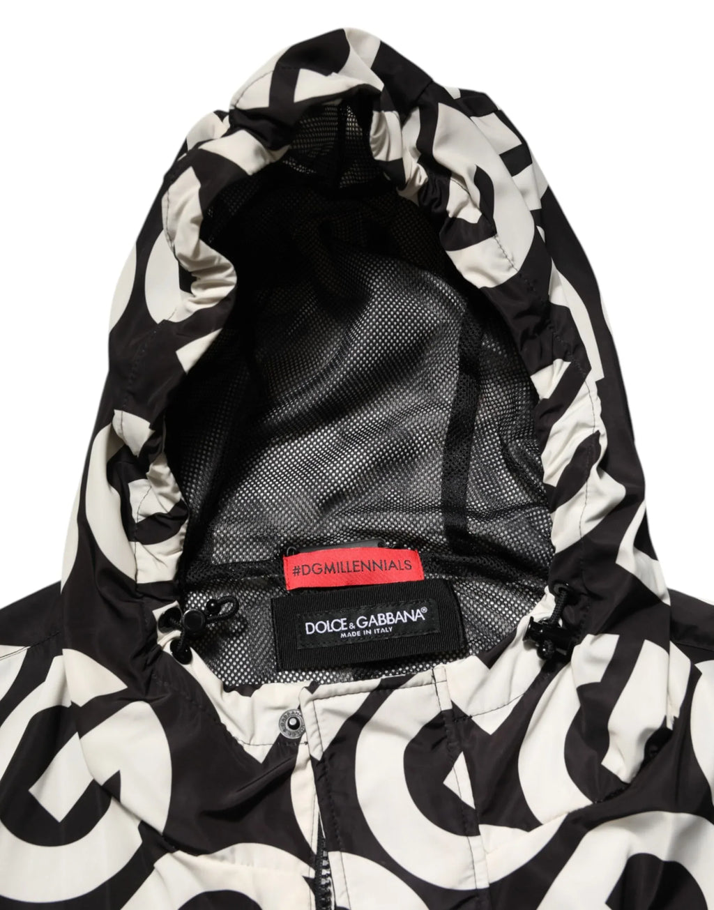 Dolce & Gabbana Black White Logo Print Hooded Coat Men Jacket - Zeiniez