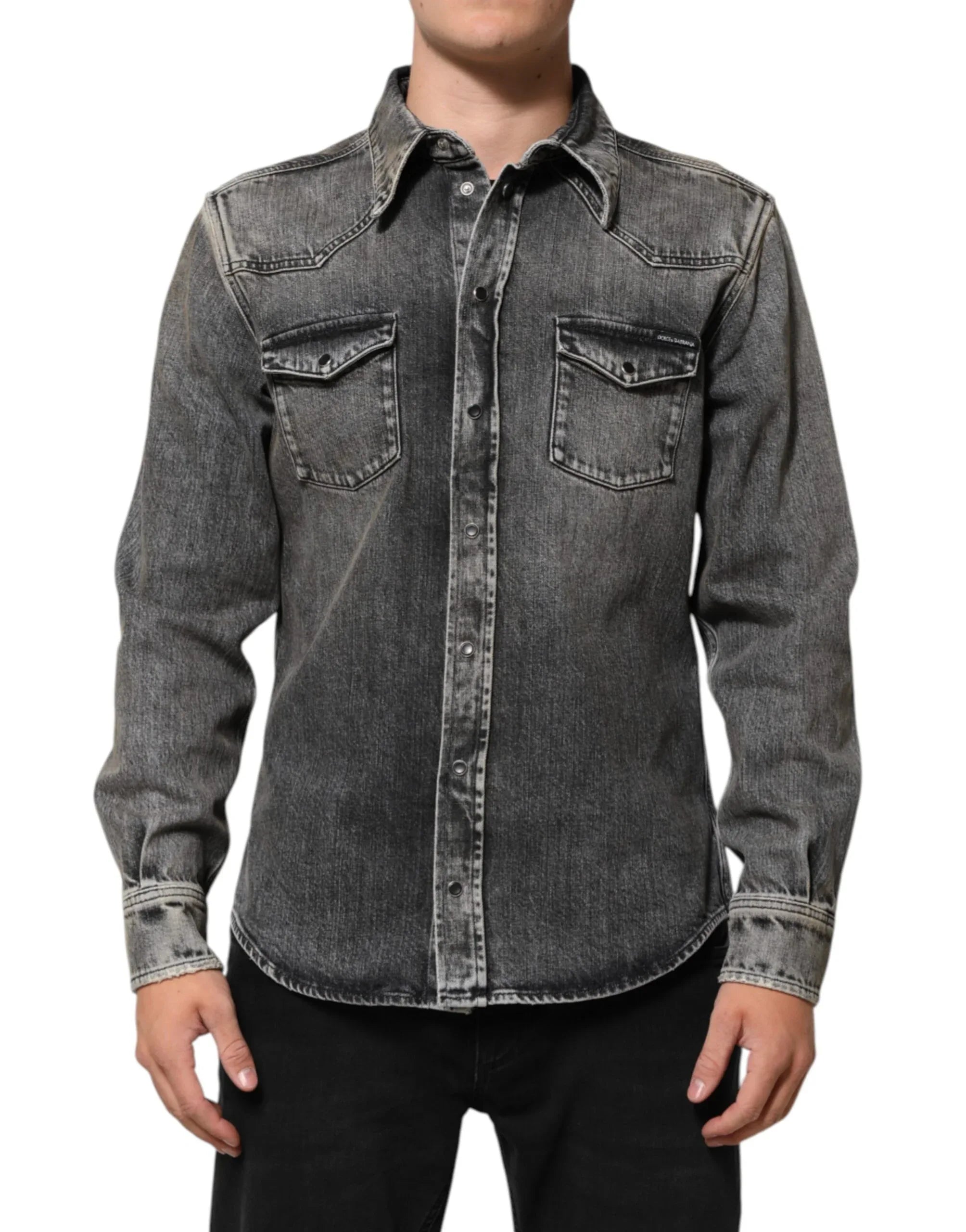Dolce & Gabbana Black Washed Cotton Snap Long Sleeve Casual Shirt - Zeiniez