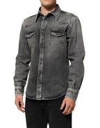 Dolce & Gabbana Black Washed Cotton Snap Long Sleeve Casual Shirt - Zeiniez